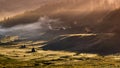 Aerial view landscape over remote village from Transylvania, Shepherd house in summer time in Romania