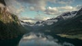 Aerial view of landscape panorama of fjord at Briksdalsbreen glacier in Jostedalsbreen mountains during summer Royalty Free Stock Photo