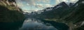 Aerial view of landscape panorama of fjord at Briksdalsbreen glacier in Jostedalsbreen mountains during summer Royalty Free Stock Photo