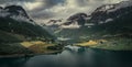 Aerial view of landscape panorama of fjord at Briksdalsbreen glacier in Jostedalsbreen mountains during summer Royalty Free Stock Photo