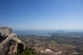 Aerial view landscape and rice field or paddy land from Khao Phraya Doen Thong viewpoint with valley village hill for thai people