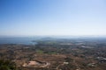 Aerial view landscape and rice field or paddy land from Khao Phraya Doen Thong viewpoint with valley village hill for thai people