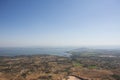 Aerial view landscape and rice field or paddy land from Khao Phraya Doen Thong viewpoint with valley village hill for thai people