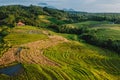 Aerial view of landscape with rice terraces, sunrise tones and shadows. Countryside in Bali island Royalty Free Stock Photo