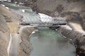 Aerial view landscape with road bridge on Srinagar highway crossing Confluence of the Indus and Zanskar Rivers while winter season