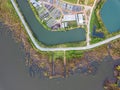 Aerial view, landscaped country road with lake