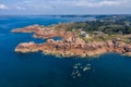 Aerial view of the landscapes and seascapes of Cote de Granit Rose Rose coast near Lannion, Coastline in Phare de Men Ruz, Britt Royalty Free Stock Photo