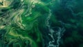 An aerial view of a large algal bloom with various shades of green and blue creating a swirling and mottled pattern on