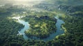 An aerial view of a large Bonebed surrounded by lush green forests and winding rivers emphasizing the natural habitat of