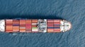 aerial view of a large cargo ship with containers in the sea