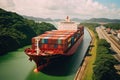 Aerial view of a large cargo ship in the middle of the river, container ship passing through the Panama Canal, AI Generated Royalty Free Stock Photo