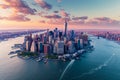 Aerial View of a Large City in the Middle of the Ocean, A skyline of New York City during sunset from an aerial perspective, AI