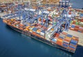 Aerial view of a large container cargo ship being loaded