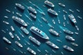 Aerial view of large group of Cruise Ships Sailing On Sea. Generative AI