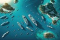 Aerial view of large group of Cruise Ships Sailing On Sea. Generative AI