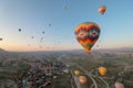 Aerial view of large group of hot air balloons flying Royalty Free Stock Photo