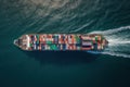 Aerial view of a large, heavy loaded container cargo ship ..