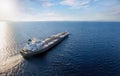 Aerial view of a large, heavy loaded crude oil tanker