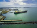 Aerial view of large industrial nautical vessel moored at docks in Williamstown, Melbourne, Australia.