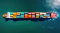 Aerial view of a large, loaded container cargo ship traveling over open ocean Royalty Free Stock Photo