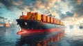 Aerial view of a large loaded container cargo ship traveling over open ocean background AI generated Royalty Free Stock Photo