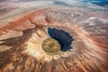 aerial view of a large meteor crater surrounded by scorched earth Royalty Free Stock Photo
