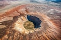 aerial view of a large meteor crater surrounded by scorched earth