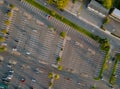 Aerial view of a large number cars different brands standing in a parking lot near the shopping center Royalty Free Stock Photo