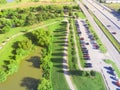 Top view park entrance car parking near freeway in Houston, Texas, USA