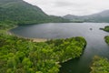 Aerial view of large pine trees on a banks of Muckross Lake, also called Middle Lake or The Torc, located in Killarney National