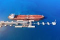 Aerial view large port oil loading terminal with large storage tanks. Railway infrastructure for the delivery of bulk cargo by sea Royalty Free Stock Photo