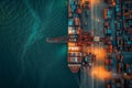 Aerial view of a large port showing security operations, including container inspections for safety.. AI generated. Royalty Free Stock Photo