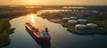 Aerial view of large red cargo ship docked next to industrial oil and gas tank storage complex Royalty Free Stock Photo
