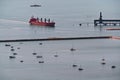 Aerial view of large tanker ship enter Port of Townsville Queensland Australia