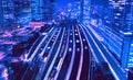 Aerial view of a large train station in Tokyo 1980`s retro style