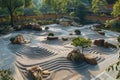 Aerial view of a large Zen garden displaying intricate sand raking and strategically placed stones. AI generated. Royalty Free Stock Photo