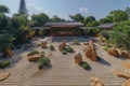 Aerial view of a large Zen garden displaying intricate sand raking and strategically placed stones. AI generated. Royalty Free Stock Photo