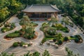 Aerial view of a large Zen garden displaying intricate sand raking and strategically placed stones. AI generated.