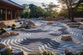 Aerial view of a large Zen garden displaying intricate sand raking and strategically placed stones. AI generated.