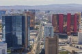 Aerial view of Las Vegas Casino Hotels on Strip Road from observation deck of Stratosphere Tower. Las Vegas, Nevada,