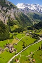 Aerial view of lauterbrunnen Valley and Jungfrau swiss alps behind, Switzerland