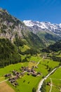 Aerial view of lauterbrunnen Valley and Jungfrau swiss alps behind, Switzerland