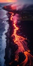 Aerial View Of Lava Flowing Down Coastal Lava Channel At Sunrise
