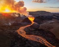 Aerial view of lava pouring out of an erupting volcano in Iceland