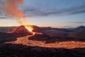 Aerial view of lava pouring out of an erupting volcano in Iceland