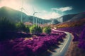 Aerial view of Lavender field with blooming purple bushes grown for cosmetic purposes. Wind turbines in the background