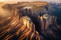 aerial view of layered sandstone formations at sunset