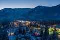 Aerial view of Leavenworth, Washington at twilight in December of 2021