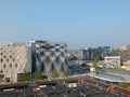 aerial view of leeds outdoor market and victoria quarter with the bus station and leeds college quarry hill building visible Royalty Free Stock Photo