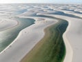 Aerial view of Lencois Maranhenses. White sand dunes with pools of fresh and transparent water. Desert. Brazil Royalty Free Stock Photo